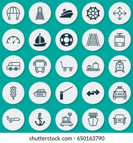 Transport Icons Set. Collection Of College Transport, Travel Boat, Air Transport And Other Elements. Also Includes Symbols Such As Railroad, Transport, Trolley.