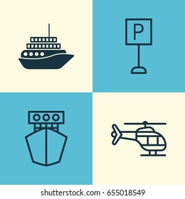 Transport Icons Set. Collection Of Cruise, Roadsign, Flight Vehicle And Other Elements. Also Includes Symbols Such As Roadsign, Airplane, Cruise.