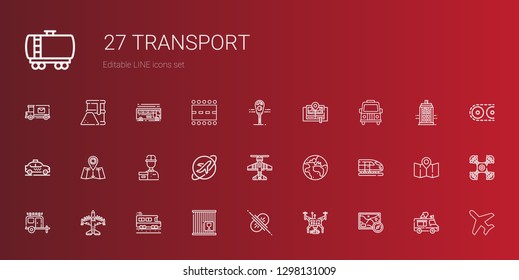 transport icons set. Collection of transport with map, drone, collision, crate, school bus, airplane, van, train, planet earth, travel. Editable and scalable transport icons.