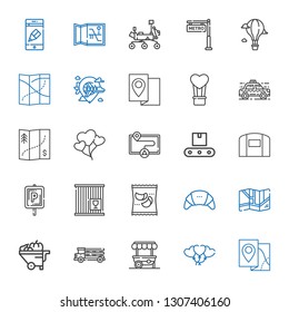transport icons set. Collection of transport with map, balloons, food stand, truck, wheelbarrow, products, crate, parking, hangar, conveyor. Editable and scalable transport icons.
