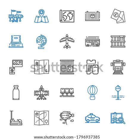 transport icons set. Collection of transport with map, taxi, zeppelin, bumper, stop sign, hot air balloon, seats, airplane, products, train. Editable and scalable transport icons.