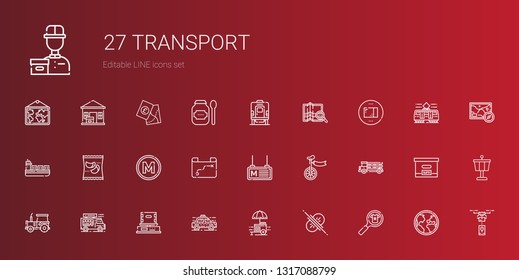 transport icons set. Collection of transport with product, collision, food stall, taxi, box, food truck, tractor, truck, unicycle, metro. Editable and scalable transport icons.