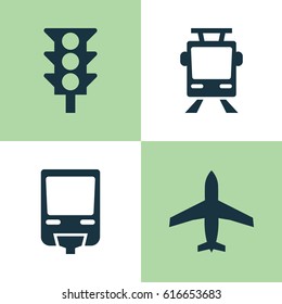 Transport Icons Set. Collection Of Railroad, Stoplight, Aircraft And Other Elements. Also Includes Symbols Such As Light, Railroad, Airplane.