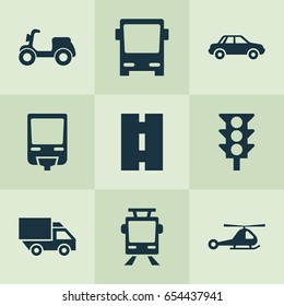 Transport Icons Set. Collection Of Railroad, Skooter, Way And Other Elements. Also Includes Symbols Such As Chopper, Moped, Automobile.