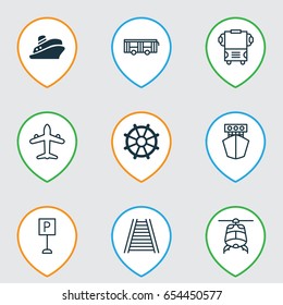 Transport Icons Set. Collection Of Railroad, Transport, Jet And Other Elements. Also Includes Symbols Such As Road, Railroad, Roadsign.