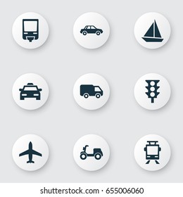 Transport Icons Set. Collection Of Railroad, Truck, Aircraft And Other Elements. Also Includes Symbols Such As Camion, Truck, Tram.