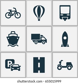 Transport Icons Set. Collection Of Railroad, Tanker, Spaceship And Other Elements. Also Includes Symbols Such As Auto, Cargo, Flight.