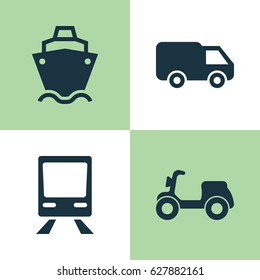 Transport Icons Set. Collection Of Railway, Tanker, Skooter And Other Elements. Also Includes Symbols Such As Wagon, Camion, Ship.