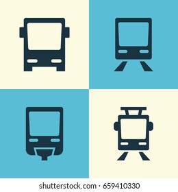 Transport Icons Set. Collection Of Railway, Streetcar, Omnibus And Other Elements. Also Includes Symbols Such As Bus, Autobus, Trolley.