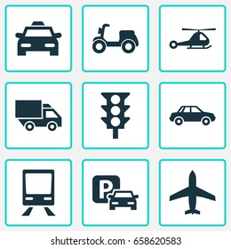 Transport Icons Set. Collection Of Road Sign, Aircraft, Chopper And Other Elements. Also Includes Symbols Such As Stoplight, Car, Traffic.