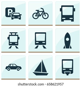 Transport Icons Set. Collection Of Road Sign, Railroad, Railway And Other Elements. Also Includes Symbols Such As Automobile, Rocket, Sign.