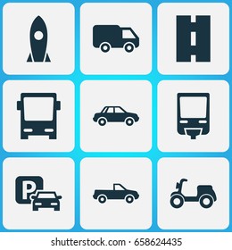 Transport Icons Set. Collection Of Road Sign, Spaceship, Automobile And Other Elements. Also Includes Symbols Such As Way, Automobile, Highway.