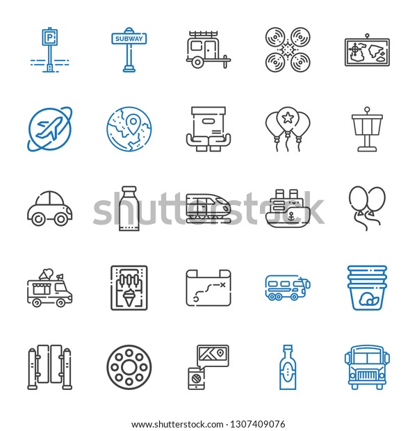transport icons\
set. Collection of transport with school bus, products, map,\
rolling wheel, turnstiles, container, bus, ice cream machine.\
Editable and scalable transport\
icons.