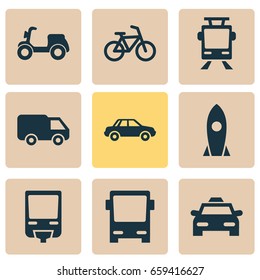 Transport Icons Set. Collection Of Skooter, Truck, Railroad And Other Elements. Also Includes Symbols Such As Bicycle, Camion, Scooter.