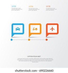 Transport Icons Set. Collection Of Skooter, Cab, Aircraft And Other Elements. Also Includes Symbols Such As Airplane, Aircraft, Car.