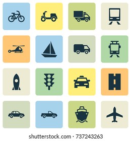 Transport Icons Set. Collection Of Skooter, Automobile, Aircraft And Other Elements. Also Includes Symbols Such As Ship, Bicycle, Trolley.