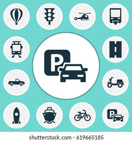 Transport Icons Set. Collection Of Spaceship, Skooter, Cabriolet And Other Elements. Also Includes Symbols Such As Train, Car, Ship.