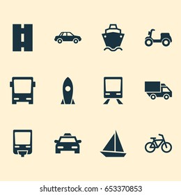 Transport Icons Set. Collection Of Spaceship, Yacht, Bicycle And Other Elements. Also Includes Symbols Such As Camion, Cab, Train.