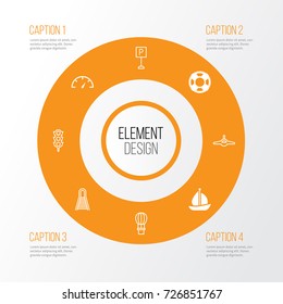 Transport Icons Set. Collection Of Speed Checker, Sailboat, Flight Basket And Other Elements. Also Includes Symbols Such As Balloon, Vehicle, Air.