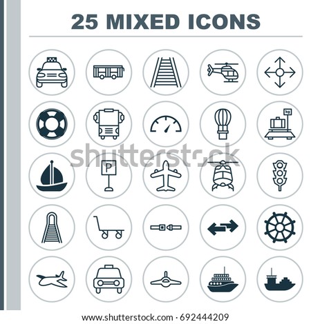 Transport Icons Set. Collection Of Speed Checker, Flight Vehicle, Navigation Arrows And Other Elements. Also Includes Symbols Such As Yacht, Air, Ship.