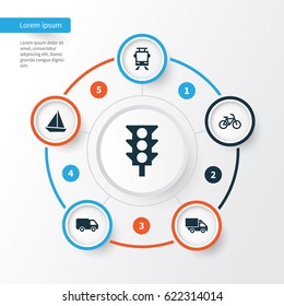 Transport Icons Set. Collection Of Stoplight, Yacht, Bicycle And Other Elements. Also Includes Symbols Such As Boat, Bike, Tram.