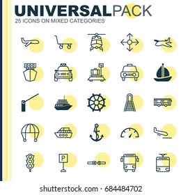 Transport Icons Set. Collection Of Stoplight, Roadblock, Boat Helm And Other Elements. Also Includes Symbols Such As Hook, Vehicle, Bus.