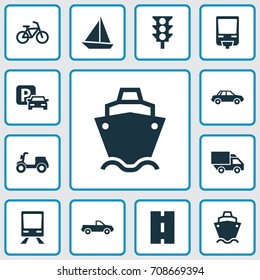 Transport Icons Set. Collection Of Stoplight, Skooter, Road Sign And Other Elements. Also Includes Symbols Such As Cabriolet, Railroad, Camion.
