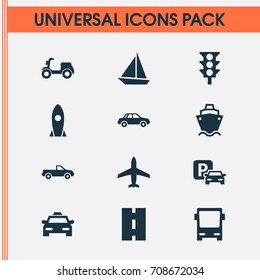 Transport Icons Set. Collection Of Stoplight, Omnibus, Cab And Other Elements. Also Includes Symbols Such As Sail, Yacht, Omnibus.