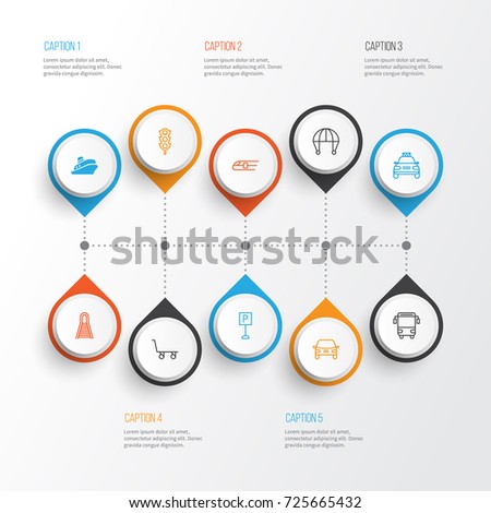Transport Icons Set. Collection Of Stoplight, Metro, Travel Boat And Other Elements. Also Includes Symbols Such As Railway, Parking, Metro.