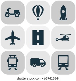 Transport Icons Set. Collection Of Streetcar, Skooter, Way And Other Elements. Also Includes Symbols Such As Rocket, Tram, Airship.