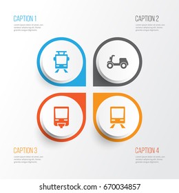 Transport Icons Set. Collection Of Streetcar, Railroad, Skooter And Other Elements. Also Includes Symbols Such As Monorail, Railway, Wagon.