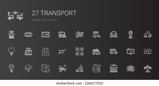transport icons set. Collection of transport with tickets office, products, vehicle, airplane, map, balloons, hot air balloon, bus, trailer. Editable and scalable transport icons.