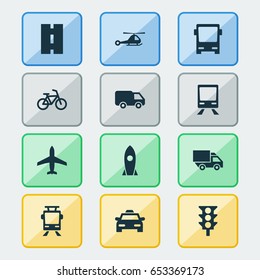 Transport Icons Set. Collection Of Truck, Railway, Spaceship And Other Elements. Also Includes Symbols Such As Stoplight, Bus, Chopper.