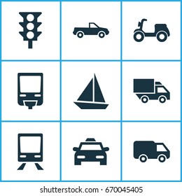 Transport Icons Set. Collection Of Truck, Railroad, Cab And Other Elements. Also Includes Symbols Such As Railroad, Camion, Moped.