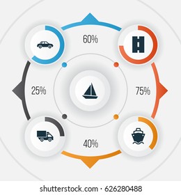 Transport Icons Set. Collection Of Van, Yacht, Way And Other Elements. Also Includes Symbols Such As Auto, Truck, Way.