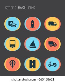 Transport Icons Set. Collection Of Van, Yacht, Airship And Other Elements. Also Includes Symbols Such As Train, Scooter, Spaceship.
