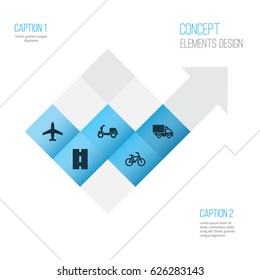 Transport Icons Set. Collection Of Way, Bicycle, Aircraft And Other Elements. Also Includes Symbols Such As Flight, Road, Moped.