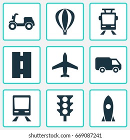 Transport Icons Set. Collection Of Way, Airship, Skooter And Other Elements. Also Includes Symbols Such As Van, Tram, Way.