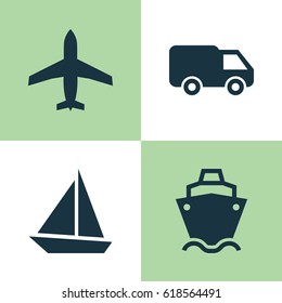 Transport Icons Set. Collection Of Yacht, Aircraft, Tanker And Other Elements. Also Includes Symbols Such As Boat, Ship, Camion.