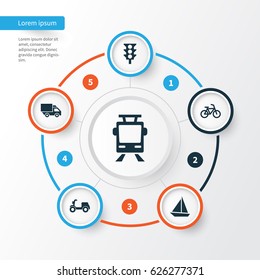 Transport Icons Set. Collection Of Yacht, Skooter, Bicycle And Other Elements. Also Includes Symbols Such As Yacht, Bicycle, Van.