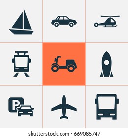 Transport Icons Set. Collection Of Yacht, Spaceship, Omnibus And Other Elements. Also Includes Symbols Such As Boat, Yacht, Tram.