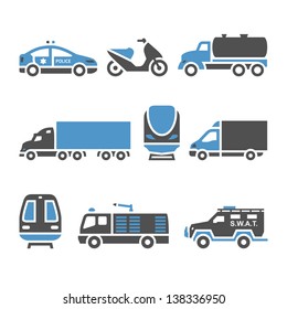 Transport Icons - A set of eighth. Vector illustrations, set silhouettes isolated on white background. Bicolor (blue and gray colors).