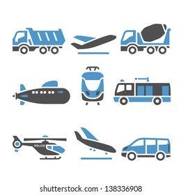 Transport Icons - A set of eleventh. Vector illustrations, set silhouettes isolated on white background. Bicolor (blue and gray colors).