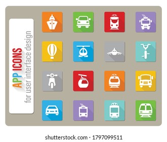 transport icons set in flat design with long shadow