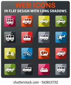 transport icons set in flat design with long shadow