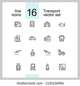 Transport icons. Set of line icons. Train, airplane, taxi. Vehicle icon set. Vector illustration can be used for topics like transportation, public services, travel