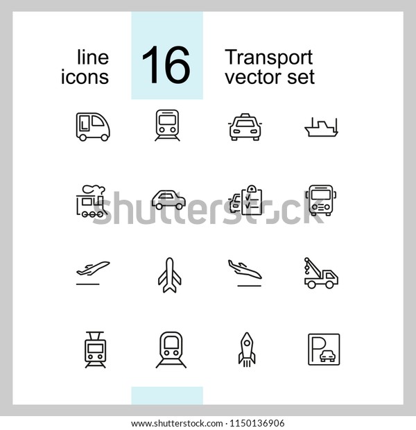 Transport icons. Set of line\
icons. Train, airplane, taxi. Vehicle icon set. Vector illustration\
can be used for topics like transportation, public services,\
travel