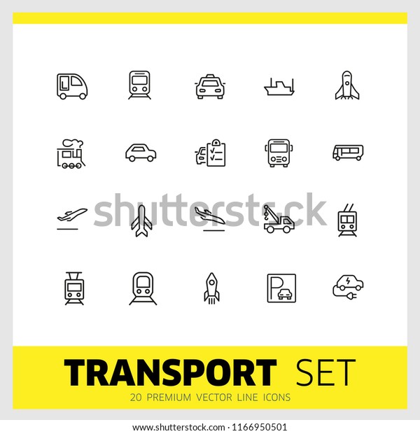 Transport icons. Set of line\
icons. Train, airplane, taxi. Vehicle icon set. Vector illustration\
can be used for topics like transportation, public services,\
travel