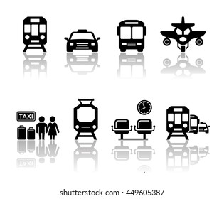 transport icons set with mirror reflection silhouette