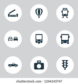 Transport icons set with monorail, no overtaking, river and other opening bridge ahead elements. Isolated vector illustration transport icons.